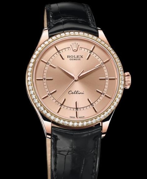 Rolex Cellini Watch Replica Cellini Time 50705 RBR Everose Gold and Yellow Gold - Diamonds - Alligator Strap